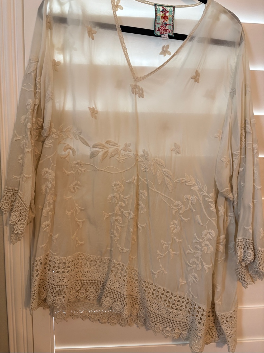 Johnny Was Cream Sheer Embroidered V-Neck Tunic